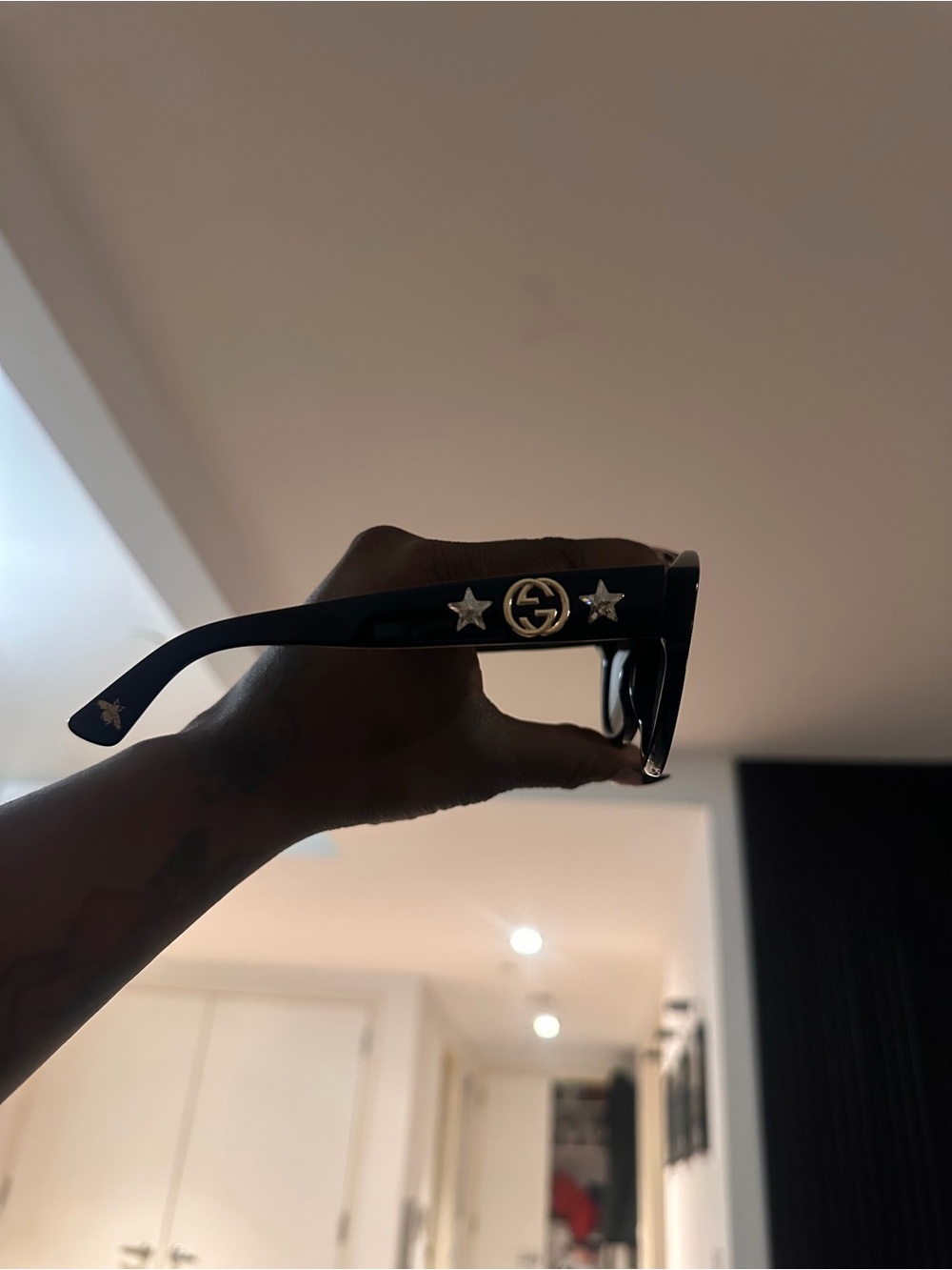 Gucci Black Sunglasses with Gold Logo and Star Studs